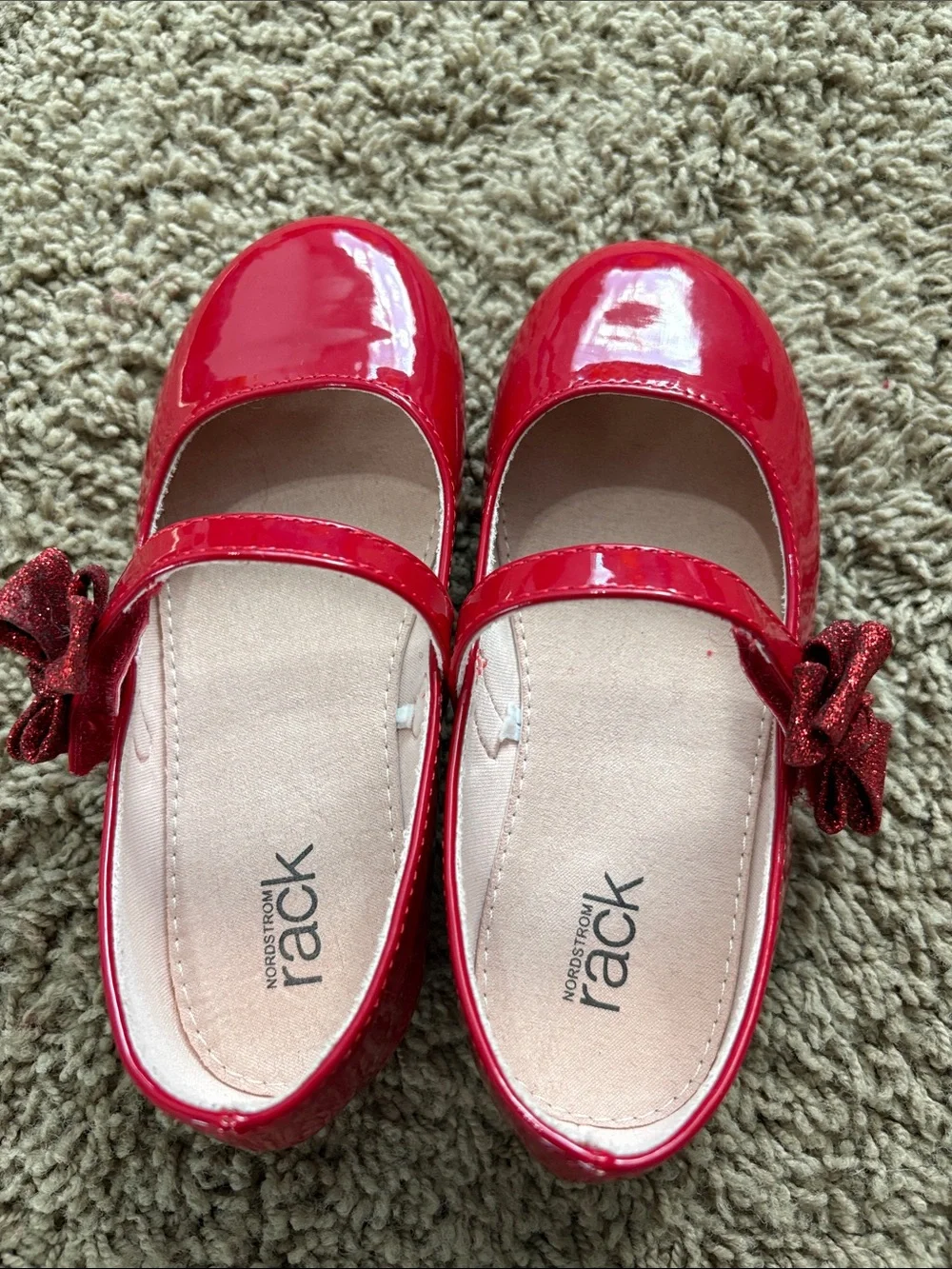 Nordstrom Girls Red Patent Mary Jane with Glitter Bow Accent
